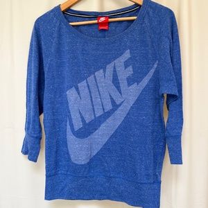 nike blue oversized relaxed top with swoosh logo 3/4 sleeve